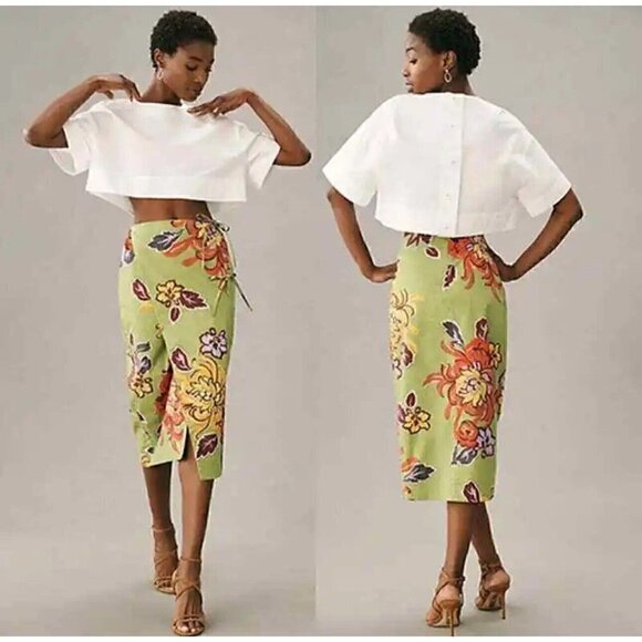 Rhode Julian Pencil Side Tie Floral Skirt Women's Green Motif Size: 2 NWT - Picture 1 of 6